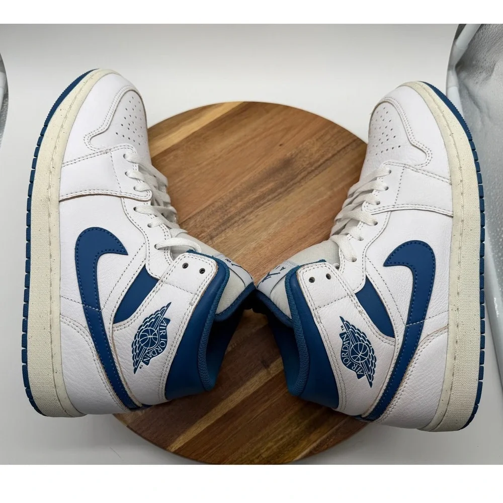 Air Jordan 1 Mid Men's Size 9 White Industrial Blue Sneakers 0589